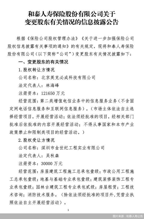 国内配资平台排名 北京英克必成科技拟转让和泰人寿1%股权
